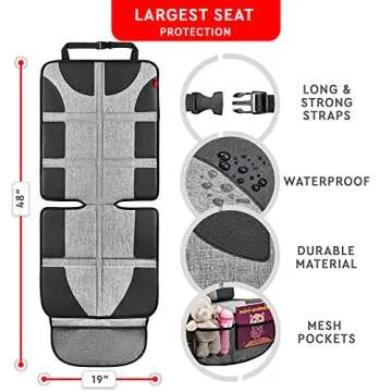 Helteko Car Seat Protector, Large Seat Cover for Child Carseat, Extra Waterproof & Stain Resistant, Thickest Padding Baby Mats Under Car Seats for Leather Seats, 2 Mesh Storage Pockets, 1Pack, Gray