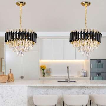 FRIXCHUR Modern Crystal Chandeliers 16" Black and Gold Chandelier Round Crystal Pendant Light 3-Tier...