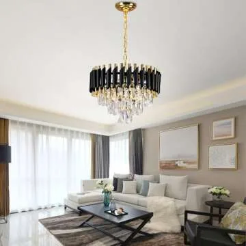 FRIXCHUR Modern Crystal Chandeliers 16" Black and Gold Chandelier Round Crystal Pendant Light 3-Tier Modern Chandeliers for Dining Room Living Room Bedroom Foyer