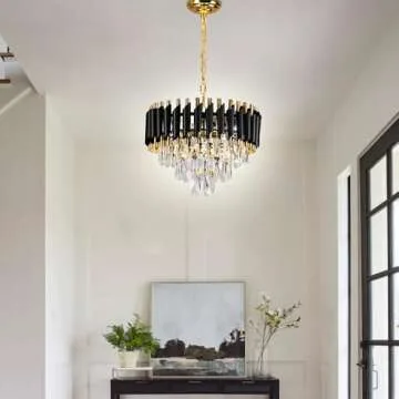 FRIXCHUR Modern Crystal Chandeliers 16" Black and Gold Chandelier Round Crystal Pendant Light 3-Tier Modern Chandeliers for Dining Room Living Room Bedroom Foyer