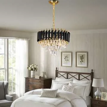 FRIXCHUR Modern Crystal Chandeliers 16" Black and Gold Chandelier Round Crystal Pendant Light 3-Tier Modern Chandeliers for Dining Room Living Room Bedroom Foyer