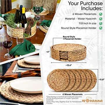 Wovanna Woven Placemats for Dining Table - Set of 6 Adorable Thick Rustic Round Kitchen Placemats with Decorative Round Holder – All Natural Wicker Tablemats Hand-Braided from Water Hyacinth, 11.8"