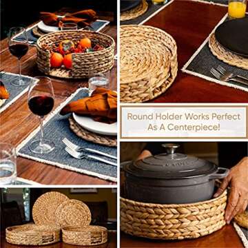 Wovanna Woven Placemats for Dining Table - Set of 6 Adorable Thick Rustic Round Kitchen Placemats with Decorative Round Holder – All Natural Wicker Tablemats Hand-Braided from Water Hyacinth, 11.8"
