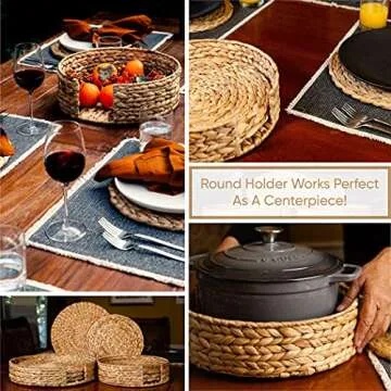 Wovanna Woven Placemats for Dining Table - Set of 6 Adorable Thick Rustic Round Kitchen Placemats with Decorative Round Holder – All Natural Wicker Tablemats Hand-Braided from Water Hyacinth, 11.8"