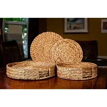 Wovanna Woven Placemats for Dining Table - Set of 6 Adorable Thick Rustic Round Kitchen Placemats with Decorative Round Holder – All Natural Wicker Tablemats Hand-Braided from Water Hyacinth, 11.8"