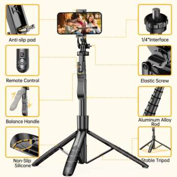 61" Selfie Stick Tripod, All in One Extendable Phone Tripod Stand with Wireless Remote 360° Rotatio...