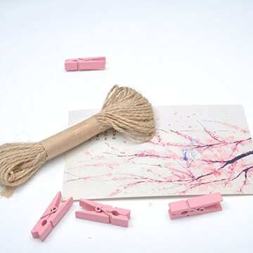 EBOOT Mini Natural Wooden Clothespins Photo Paper Peg Pin Craft Clips with Natural Twine, 100 Pieces (10 Colors)