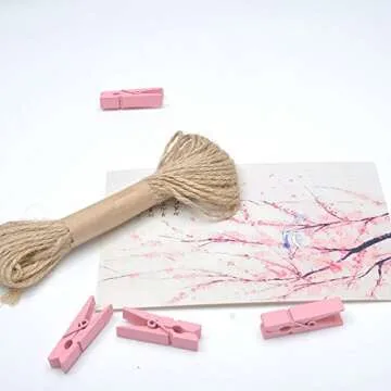 EBOOT Mini Natural Wooden Clothespins Photo Paper Peg Pin Craft Clips with Natural Twine, 100 Pieces (10 Colors)