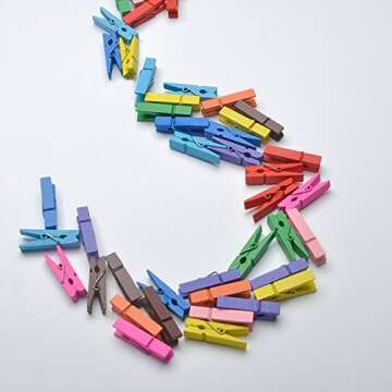 EBOOT Mini Natural Wooden Clothespins Photo Paper Peg Pin Craft Clips with Natural Twine, 100 Pieces (10 Colors)