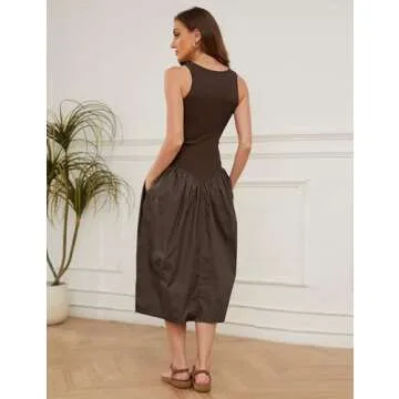 Livtany Women's Sleeveless Slim Fit Midi Dress Drop-Waist Crew Neck Patchwork Dress Ribbed a-Line Summer Dress with Pocket Brown