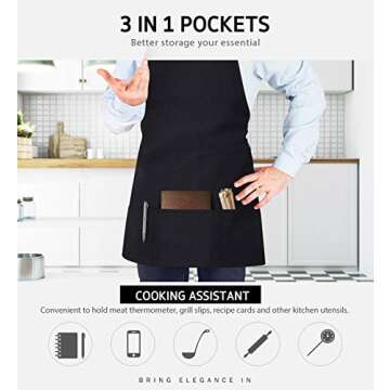 Syntus 2 Pack 3 Pockets Adjustable Bib Apron Thicker Version Waterproof with Extra Long Ties Cooking Kitchen Aprons for BBQ Drawing, Women Men,Chef, Black