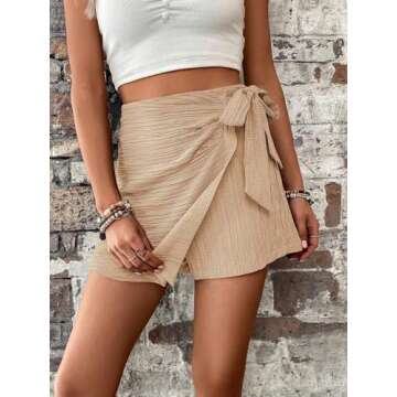 WDIRARA Women's Summer Mini Wrap Shorts Knot High Waist Belted Skorts Zipper Casual Loose Skirt Khaki S