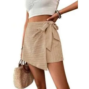 WDIRARA Women's Summer Mini Wrap Shorts Knot High Waist Belted Skorts Zipper Casual Loose Skirt Khaki S
