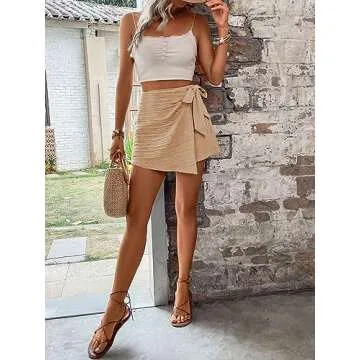 WDIRARA Women's Summer Mini Wrap Shorts Knot High Waist Belted Skorts Zipper Casual Loose Skirt Khaki S