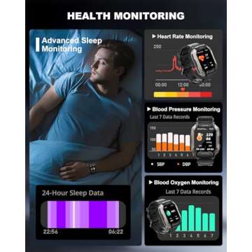 Military Smart Watches for Men IP68 Waterproof for Swimming, with Answer/Make Calls, Extra-Long Battery Outdoor Tactical Smart Fitness Watch, Blood Pressure/Heart Rate Smartwatch for Android, Black
