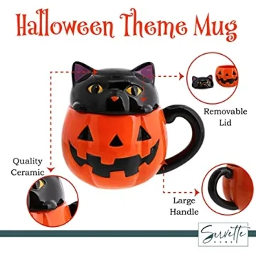 Halloween Ceramic Mug Orange Pumpkin Black Cat Design