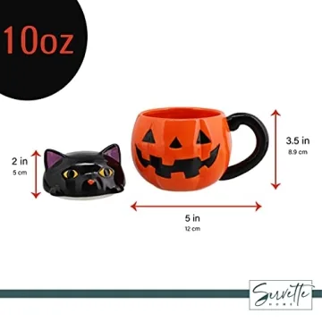 Halloween Ceramic Mug Orange Pumpkin Black Cat Design