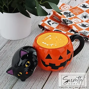 Halloween Ceramic Mug Orange Pumpkin Black Cat Design