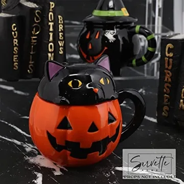 Halloween Ceramic Mug Orange Pumpkin Black Cat Design