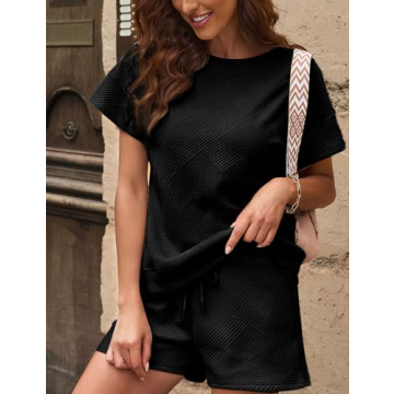 Wyeysyt Women's Loungewear Set 2 Piece Outfits Matching Lounge Short Sleeve Tops and Shorts Casual Pajamas Set with Pockets(Black-L), Large
