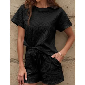 Wyeysyt Women's Loungewear Set 2 Piece Outfits Matching Lounge Short Sleeve Tops and Shorts Casual Pajamas Set with Pockets(Black-L), Large