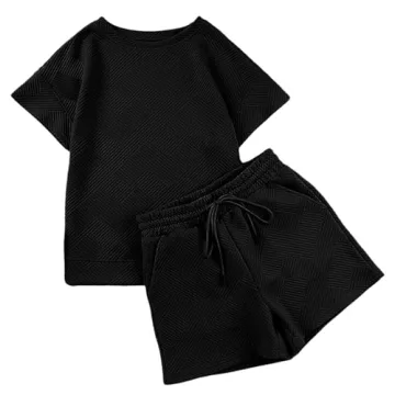 Wyeysyt Women's Loungewear Set 2 Piece Outfits Matching Lounge Short Sleeve Tops and Shorts Casual Pajamas Set with Pockets(Black-L), Large