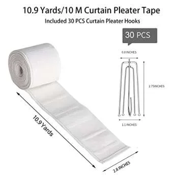 Curtain Pleat Tape, 10 Meters/10.9 Yards Pleater Tape for Curtains, Included 30 Pcs Stainless Steel 4 Prongs Curtain Pleater Hooks for DIY Pinch Pleat Curtain, White