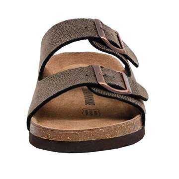 CUSHIONAIRE Lane Cork Footbed Sandals for Women – Comfortable Double Buckle Slip-On with Soft Faux Leather Straps & Arch Support Slides for Women Footwear, BROWN 9