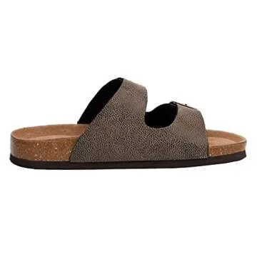 CUSHIONAIRE Lane Cork Footbed Sandals for Women – Comfortable Double Buckle Slip-On with Soft Faux Leather Straps & Arch Support Slides for Women Footwear, BROWN 9