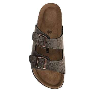 CUSHIONAIRE Lane Cork Footbed Sandals for Women – Comfortable Double Buckle Slip-On with Soft Faux Leather Straps & Arch Support Slides for Women Footwear, BROWN 9