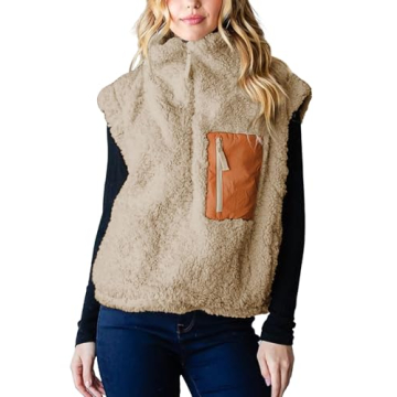 QIBABU Womens Fuzzy Fleece Vest Half Zip Pullover Vest Cozy Sleeveless Sherpa Jacket with Pockets(2129-Khaki-S-QB)