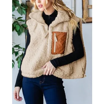 QIBABU Womens Fuzzy Fleece Vest Half Zip Pullover Vest Cozy Sleeveless Sherpa Jacket with Pockets(2129-Khaki-S-QB)