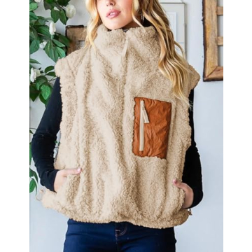 QIBABU Womens Fuzzy Fleece Vest Half Zip Pullover Vest Cozy Sleeveless Sherpa Jacket with Pockets(2129-Khaki-S-QB)