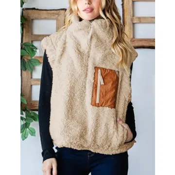 QIBABU Womens Fuzzy Fleece Vest Half Zip Pullover Vest Cozy Sleeveless Sherpa Jacket with Pockets(2129-Khaki-S-QB)