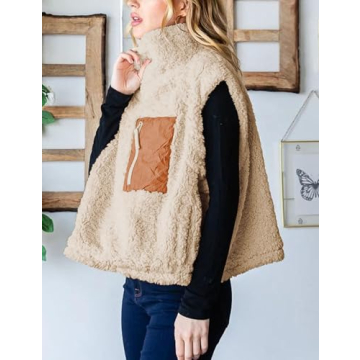 QIBABU Womens Fuzzy Fleece Vest Half Zip Pullover Vest Cozy Sleeveless Sherpa Jacket with Pockets(2129-Khaki-S-QB)