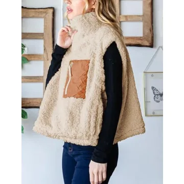 QIBABU Womens Fuzzy Fleece Vest Half Zip Pullover Vest Cozy Sleeveless Sherpa Jacket with Pockets(2129-Khaki-S-QB)