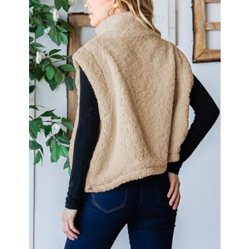 QIBABU Womens Fuzzy Fleece Vest Half Zip Pullover Vest Cozy Sleeveless Sherpa Jacket with Pockets(2129-Khaki-S-QB)