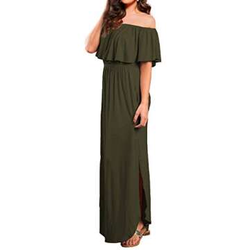 VERABENDI Women's Off Shoulder Summer Casual Long Ruffle Beach Maxi Dress with Pockets Army Green XL