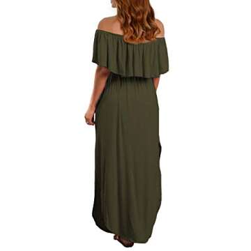 VERABENDI Women's Off Shoulder Summer Casual Long Ruffle Beach Maxi Dress with Pockets Army Green XL