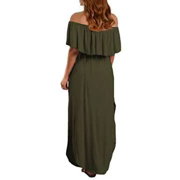 VERABENDI Women's Off Shoulder Summer Casual Long Ruffle Beach Maxi Dress with Pockets Army Green XL