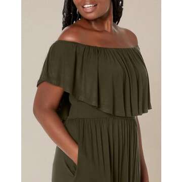 VERABENDI Women's Off Shoulder Summer Casual Long Ruffle Beach Maxi Dress with Pockets Army Green XL