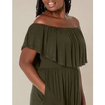 VERABENDI Women's Off Shoulder Summer Casual Long Ruffle Beach Maxi Dress with Pockets Army Green XL
