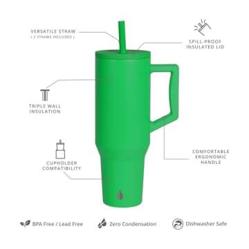 Elemental 40 oz Tumbler with Handle and Straw - Spill Proof Insulated Stainless Steel Commuter for H...