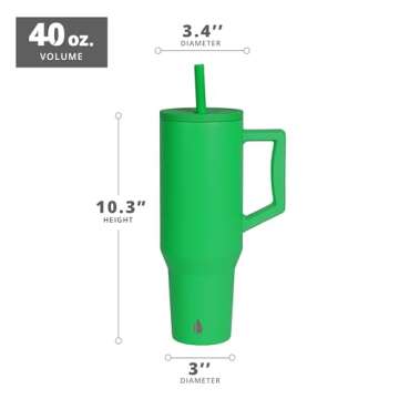 Elemental 40 oz Tumbler with Handle and Straw - Spill Proof Insulated Stainless Steel Commuter for Hot and Cold Beverages - Travel Coffee Mug with 2 Straws & Spill Proof Lid - 40oz - Green