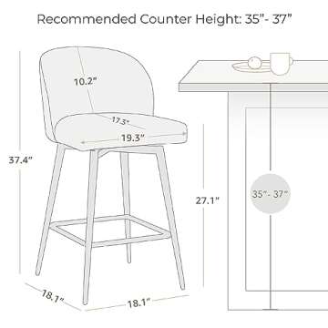 Watson & Whitely Counter Height Bar Stools Set of 2, 360° Swivel Upholstered Barstools with Backs a...