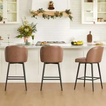 Watson & Whitely Counter Height Bar Stools Set of 2, 360° Swivel Upholstered Barstools with Backs and Metal Legs, 26" H Seat Height, Faux Leather in Saddle Brown