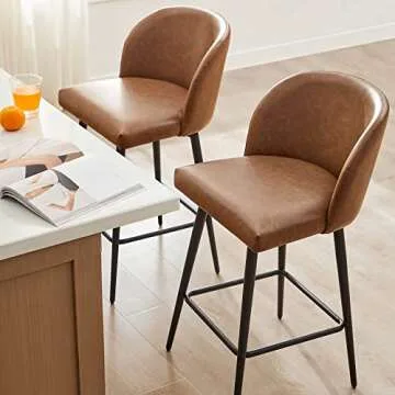 Watson & Whitely Counter Height Bar Stools Set of 2, 360° Swivel Upholstered Barstools with Backs and Metal Legs, 26" H Seat Height, Faux Leather in Saddle Brown