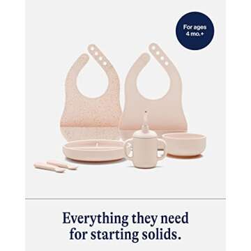 Lalo First Bites Silicone Baby Feeding Set - Baby Led Weaning Supplies - Non-Toxic Silicone - Includes 2 Bibs, 2 Spoons, Training Cup, Suction Plate and Bowl - 6 Pieces - Grapefruit