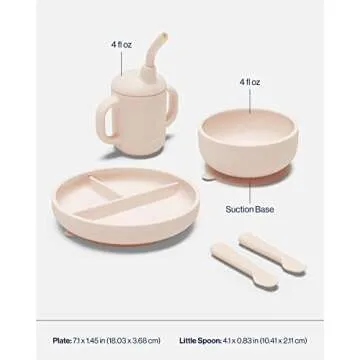 Lalo First Bites Silicone Baby Feeding Set - Baby Led Weaning Supplies - Non-Toxic Silicone - Includes 2 Bibs, 2 Spoons, Training Cup, Suction Plate and Bowl - 6 Pieces - Grapefruit