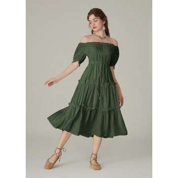 Scarlet Darkness Tiered Dress Women Puff Sleeve Renaissance Dress Casual Boho Dress Ladies Summer Dresses Army Green S